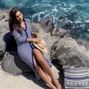 Zara Navy and White Maxi Cardigan Sweater